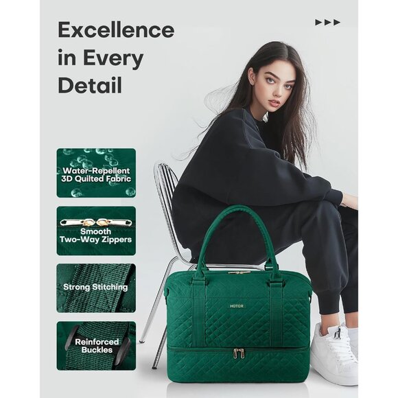 Hotor Women Dark Green Large Overnight with Shoe Compartment Travel Duffel Bag - Picture 5 of 8